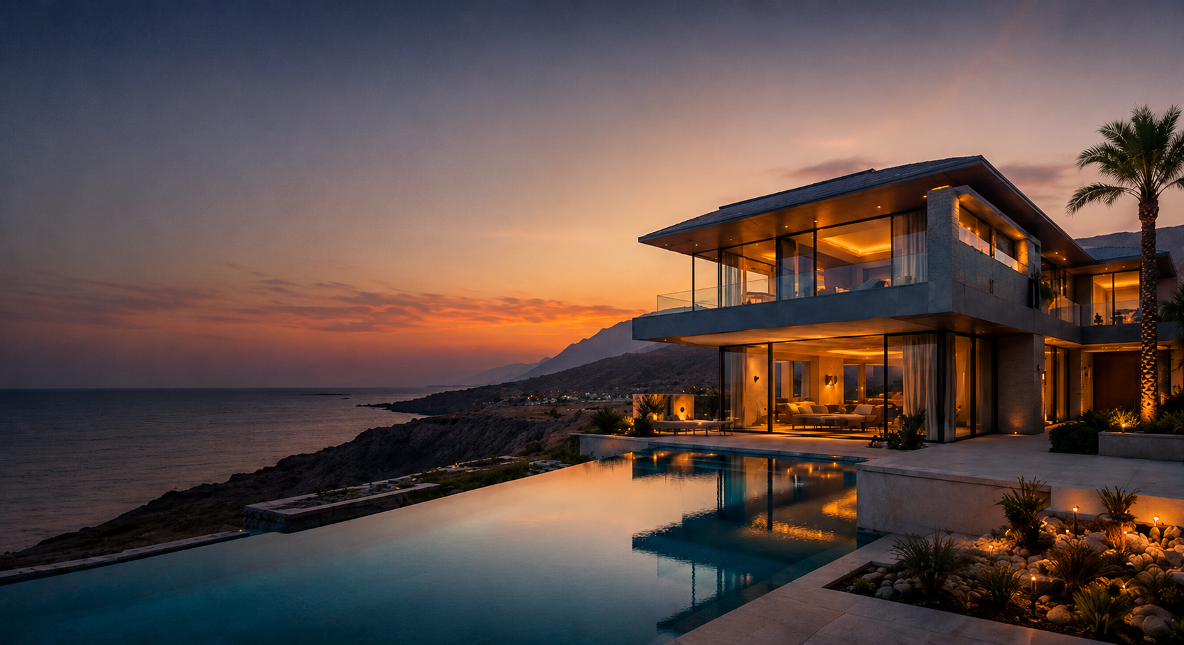Luxury villa with infinity pool at sunset overlooking the sea in Oman